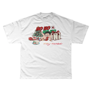 White t-shirt with Christmas-themed graphic and text on a white background
