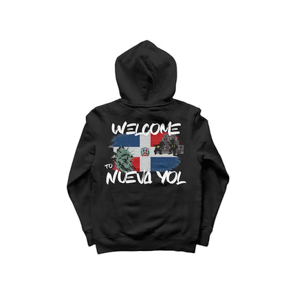 Black hoodie with graphic design and text on a white background