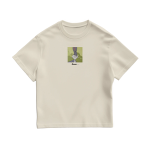 Beige t-shirt with a graphic design on a white background