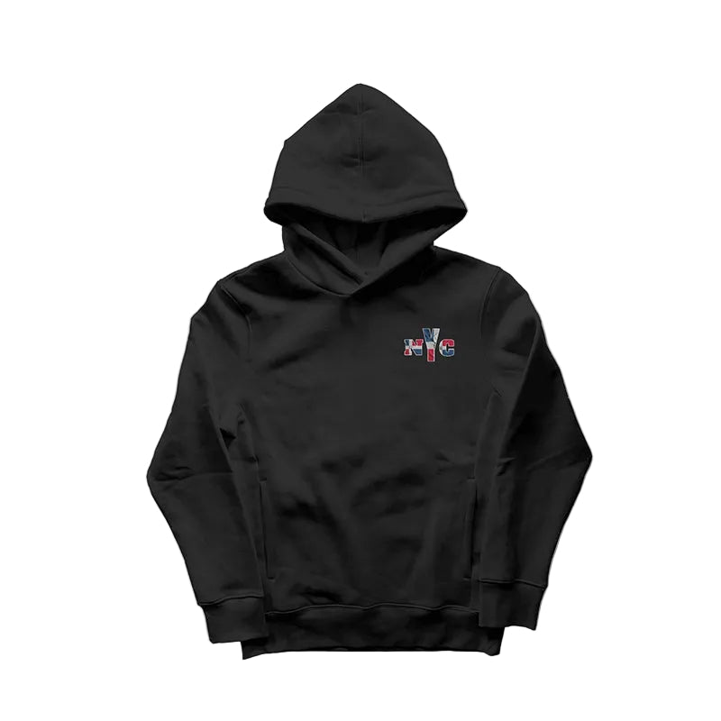Black hoodie with a colorful logo on a white background